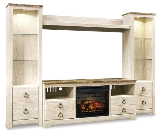 Willowton - Entertainment Center - TV Stand With Faux Firebrick Fireplace Insert - Whitewash